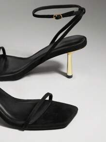 SHUZIA 新款女士时尚黑色绒面踝带扣方头中跟派对春夏高跟凉鞋