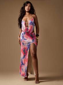 MISSGUIDED Sequin Embellished Cowl Neck Backless Co-Ord Set With Maxi Skirt High Slit Evening Party Wedding Guest Summer Outfit - Purple - View 1