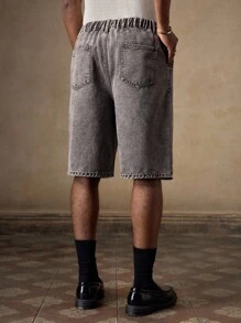 AKNOTIC Men's Grey Casual Loose Denim Shorts,Summer Streetwear City Break Metal Decor Elastic Waist Solid Color Shorts For Daily Wear,Holiday,Beachwear - Grey - View 4