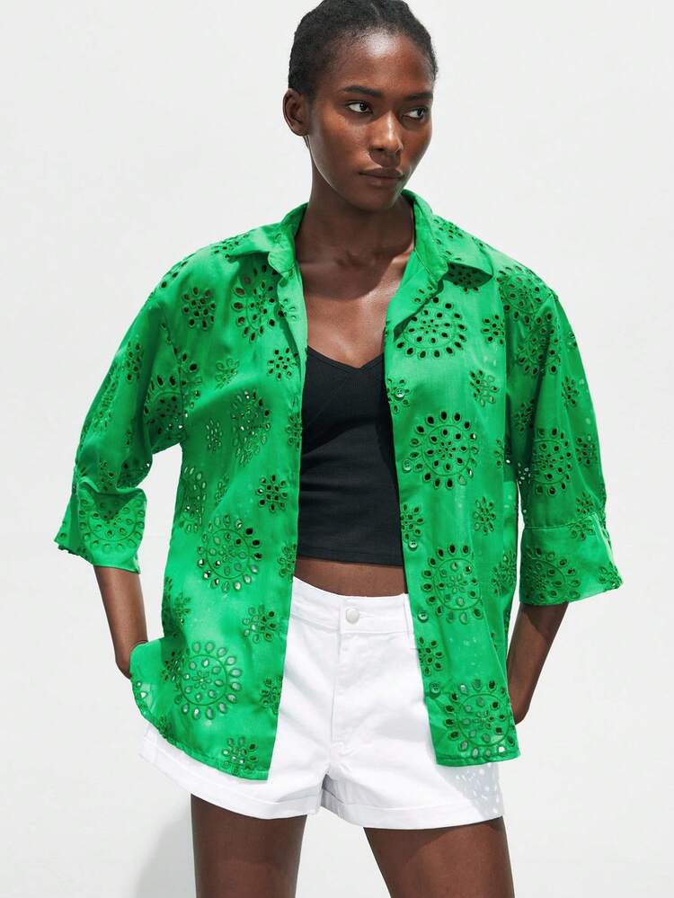 SHEIN Maija 2025 Autumn/Winter Green Modern Urban Elegant Romantic Workplace Practical Commute Business Casual Office Wear, Suitable For Wedding Guests, Outings, Parties, Concerts, Airports, Daily Fashion, Eyelet Embroidery Women Blouse, Suitable For Halloween, Christmas