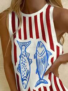 SHEIN EZwear 女士休闲简约度假复古条纹鱼印花短裙，适合夏季