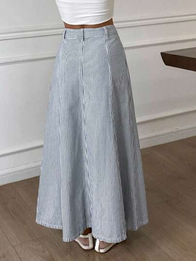 DAZY Chân váy denim dài kẻ sọc dành cho nữ, thích hợp mặc đi làm hàng ngày, đi nghỉ mát.