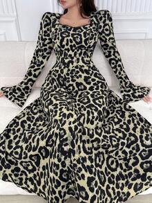 Feyla 女士时尚豹纹喇叭袖连衣裙秋季优雅女士连衣裙长款晚礼服 - 黃色 - 查看 4