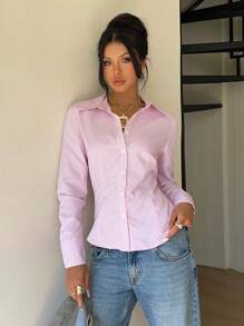 SHEIN EZwear 女士秋季新款粉色条纹系腰修身长袖衬衫 - 粉色 - 查看 5