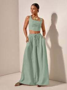 Zivah 新款春夏度假休闲鱼骨背带上衣和阔腿裤带口袋两件套-B，纹理面料 - 薄荷綠 - 查看 7