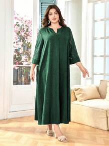 Lacomfia Vestido plus size feminino solto casual confortável elegante estilo árabe, gola redonda, cor contrastante, renda vazada, patchwork, design texturizado - Verde - Ver 5