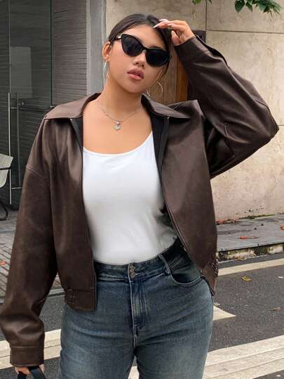 Dazy Plus Chaqueta corta de estilo vintage de piel sintética para mujer, para primavera y otoño, chaqueta bomber de ajuste regular y talla grande para el Día de San Valentín, ropa de mujer para otoño, abrigos de mujer