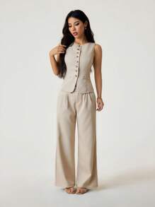 SHEIN PETITE 无袖开襟背心优雅西装和裤子套装 - 米色 - 查看 4