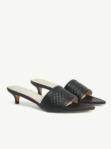 CUCCOO CHICEST Women's Elegant Casual Minimalist All-Match Black Faux Leather Pointed Toe Kitten Heel Sandals, Suitable For Work, Vacation, Beach, Versatile - Black - View 8