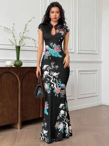 EastFlair 女士优雅修身长裙，中国风孔雀印花，喇叭袖 - 黑色 - 查看 3