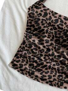Soleia 2pcs Leopard Print Ruched Halter Top Leopard Print Top Animal Print Top Leopard Print Tie Top Animal Print Tie Top Suitable For Going Out - Multicolor - View 6