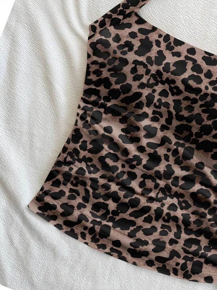 Soleia 2pcs Leopard Print Ruched Halter Top Leopard Print Top Animal Print Top Leopard Print Tie Top Animal Print Tie Top Suitable For Going Out - Multicolor - View 6