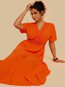 SHEIN VCAY Plus Guipure Lace Insert Dress - Orange - View 4