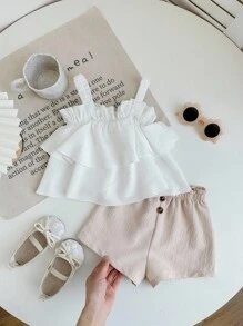 SHEIN LMoss Kids Babygirl 可爱夏日度假荷叶边吊带背心和短裤套装 - 彩色 - 查看 3
