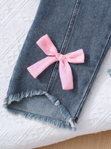 SHEIN Genkimix Kids 2 Stücke/Set Tween-Mädchen Outfit mit Schleife, 3D dekoratives Kurzarm T-Shirt und lange Jeans Hose, Lässig-Look - Schwarz - Übersicht 3