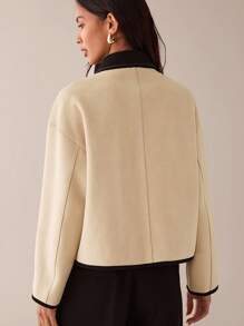 Lilora Women's Casual Contrast Color Lapel Drop Shoulder Long Sleeve Woolen Coat In Fall/Winter - Beige - View 3