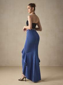 SHEIN BAE Ruffle Trim Denim Skirt - Light Wash - View 2