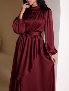 Veilorie 女士优雅纯色灯笼袖超长连衣裙 - 酒紅色 - 查看 3