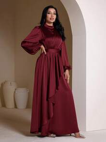 Veilorie 女士优雅纯色灯笼袖超长连衣裙 - 酒紅色 - 查看 5