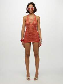 SUMWON WOMEN 钩针沙滩罩衫裙露背针织泳衣罩衫夏季沙滩裙泳池派对度假沙滩装 - 棕色 - 查看 3