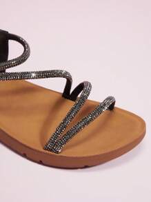 Mini mi 女童水钻系带露趾黑色凉鞋 - 时尚、闪亮、舒适的公主凉鞋 - 黑色 - 查看 5