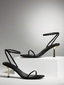 SHUZIA 新款女士时尚黑色绒面踝带扣方头中跟派对春夏高跟凉鞋