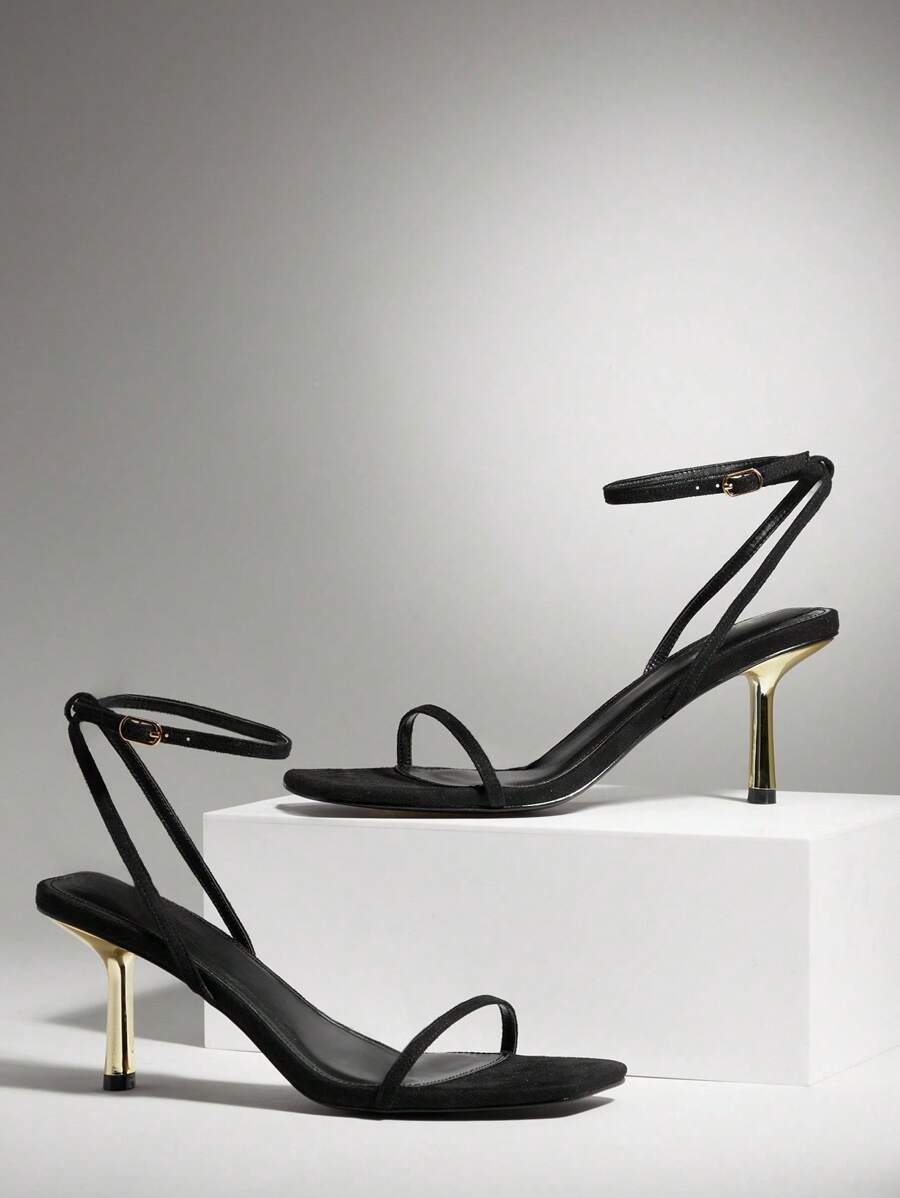 SHUZIA 新款女士时尚黑色绒面踝带扣方头中跟派对春夏高跟凉鞋