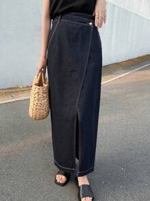 FRIFUL 女士不对称腰线前侧开衩长款休闲牛仔裙