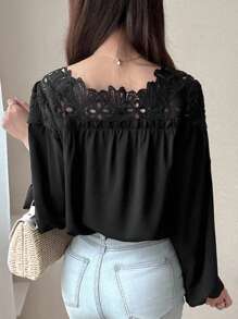 FRIFUL Women's Black Contrast Lace Gathered Cuff Loose Casual Versatile Blouse, Autumn Long Sleeve Top