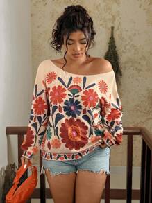 Travachic 大码女式休闲热带花卉印花露肩宽松长袖运动衫，适合夏季、秋季和冬季