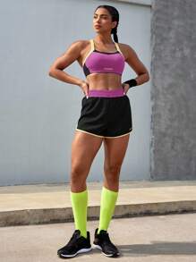 Powerista Bộ đồ thể thao tập luyện cho nữ mùa hè thường ngày màu tương phản chéo lưng và quần short - Bold Plum - Xem 5