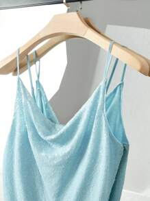 Chiquease Fashionable Elastic Sequin Patchwork Ruffle Hem Camisole Dress, Perfect For Vacation