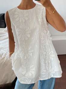 Livesso Women All-Over Floral Decor Sleeveless Round Neck Casual Vacation Summer Tank Top - White - View 3