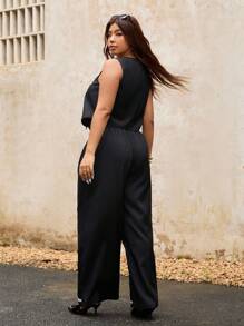 Elaquor 大码女式装饰单排扣背心和休闲裤两件套 - 黑色 - 查看 2