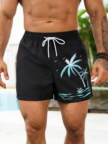 Manfinity Swimmode Quần short nam màu đen, chất liệu vải dệt, họa tiết nhiệt đới, kiểu dáng thường ngày, có dây rút và túi. - màu đen - Xem 6