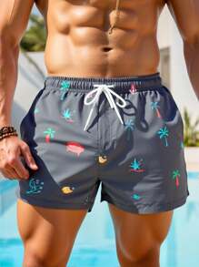 Manfinity Swimmode Shorts casuales de hombre con cintura con cordón y estampado para la playa
