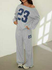 SHEIN PETITE 2件套女士休闲数字印花长袖上衣和长裤套装