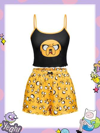 Adventure Time X ROMWE Women Summer Cartoon Graphic Lettuce Trim Ringer Cami Top & Bow Waist Shorts Pajama Set