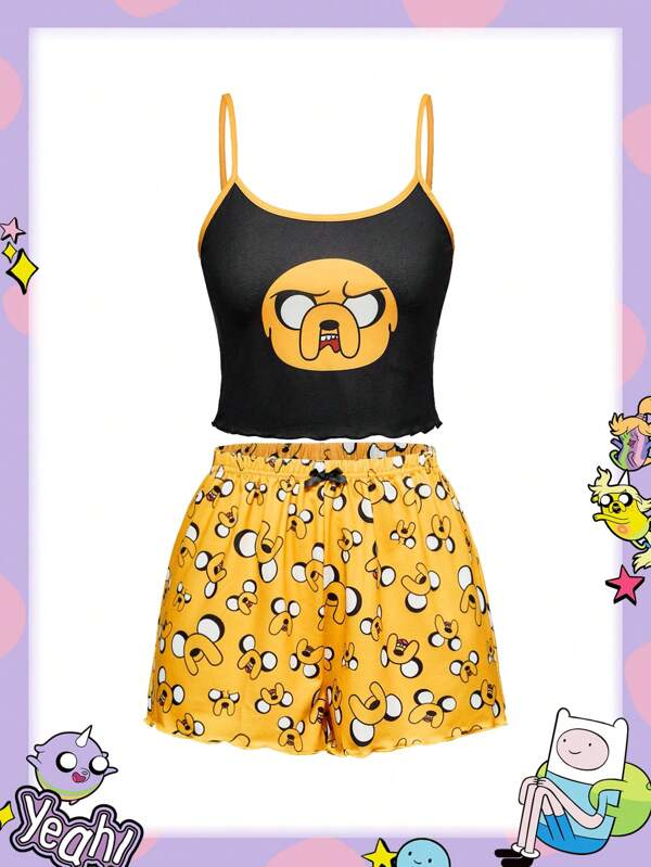Adventure Time X ROMWE Women Summer Cartoon Graphic Lettuce Trim Ringer Cami Top & Bow Waist Shorts Pajama Set