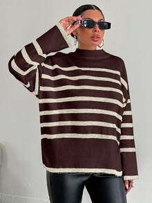 EURMUSE 女士条纹圆领落肩休闲宽松针织毛衣 - 棕色 - 查看 3