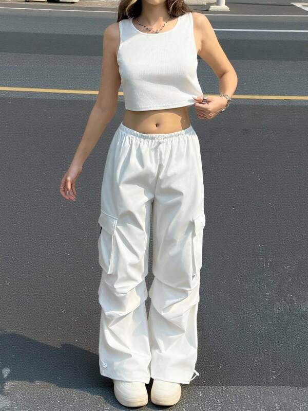 SHEIN 2pcs/Set Teenage Girls' Casual Fitted Crew Neck Top And Cargo Pants Set