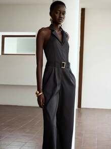 Lumivelle Halloween Summer Old Money Women 2025 New Design Black Lapel Sleeveless Backless Loose Jumpsuit For Women In Summer, Black Metal Decor Waist Belt Backless Halter Straight-Leg Jumpsuit, High-End V-Neck Sleeveless Backless Jumpsuit For Women In Summer, Elegant Waist Tie Jumpsuit With High Waist Wide Leg Pants