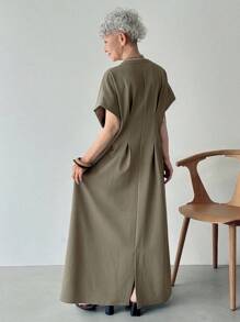 FRIFUL Vestido largo con cuello en V suelto, cintura plisada con cinturón, vestido de unicolor - Verde Oliva - Ver 5