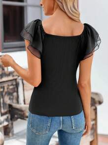SHEIN LUNE Camiseta de manga corta y cuello redondo de mujer, negra, acanalada y de uso versátil para el verano - Negro - Ver 2