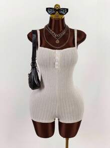 Amplova Plus Size Women Deep V-Neck Button Design Jumpsuit - Apricot - View 1