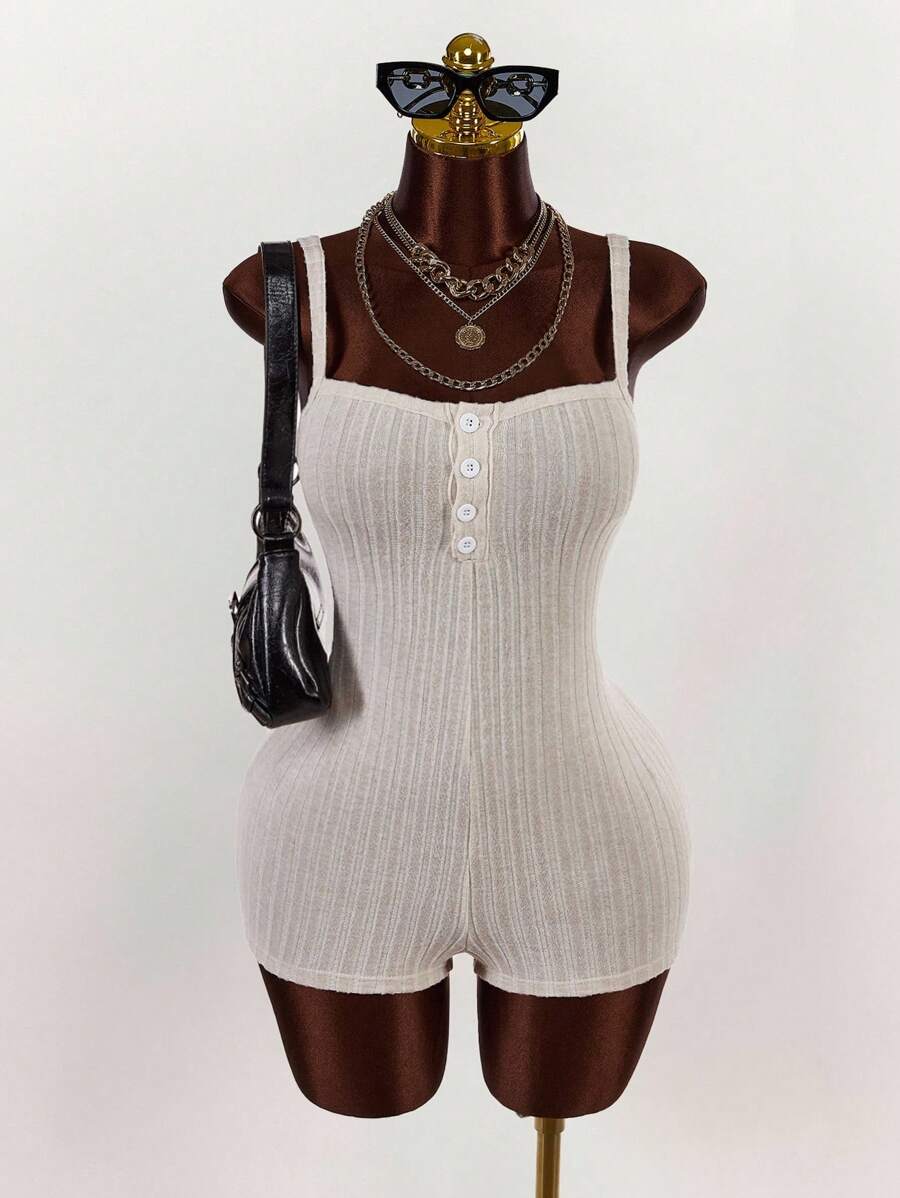 Amplova Plus Size Women Deep V-Neck Button Design Jumpsuit - Apricot - View 1