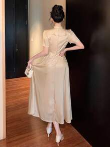 DAZY 1 chiếc váy dài vừa phải màu trơn có nơ và viền bèo nhún dành cho nữ, phong cách thanh lịch cho đầm dạ hội mùa hè - Màu be - Xem 2