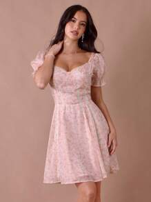 Enchnt Váy công chúa mini dễ thương in hoa màu hồng san hô pastel lãng mạn dành cho nữ, cổ tròn tay bồng, ren trang trí dễ thương - Nhiều màu - Xem 5