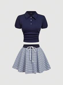 SHEIN MOD Navy Check Pattern T-Shirt And Mini Skirt Set For Women, Back To School Outfit - Navy Blue - View 1
