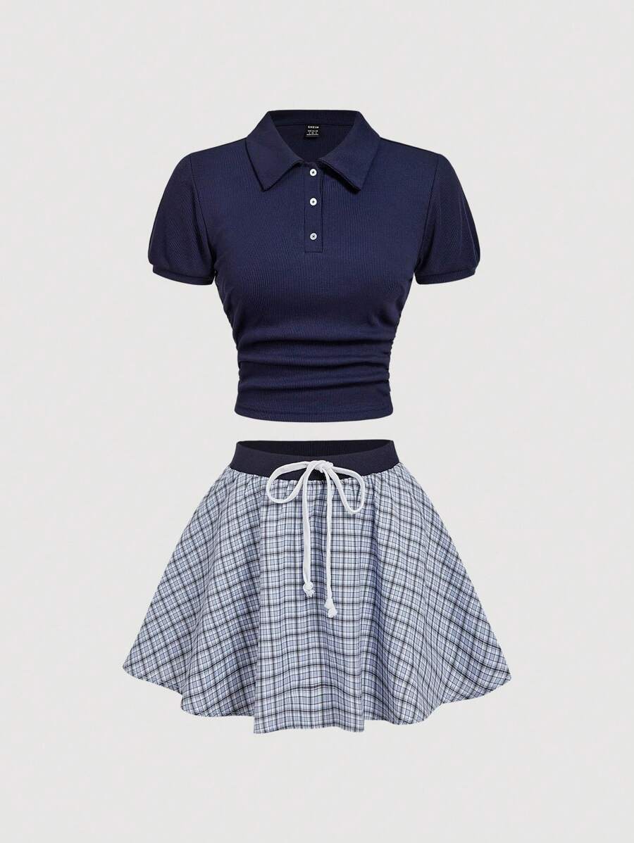 SHEIN MOD Navy Check Pattern T-Shirt And Mini Skirt Set For Women, Back To School Outfit - Navy Blue - View 1